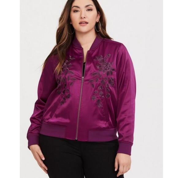 torrid Jackets & Blazers - TORRID purple floral embroidered station bomber jacket plus size 2X